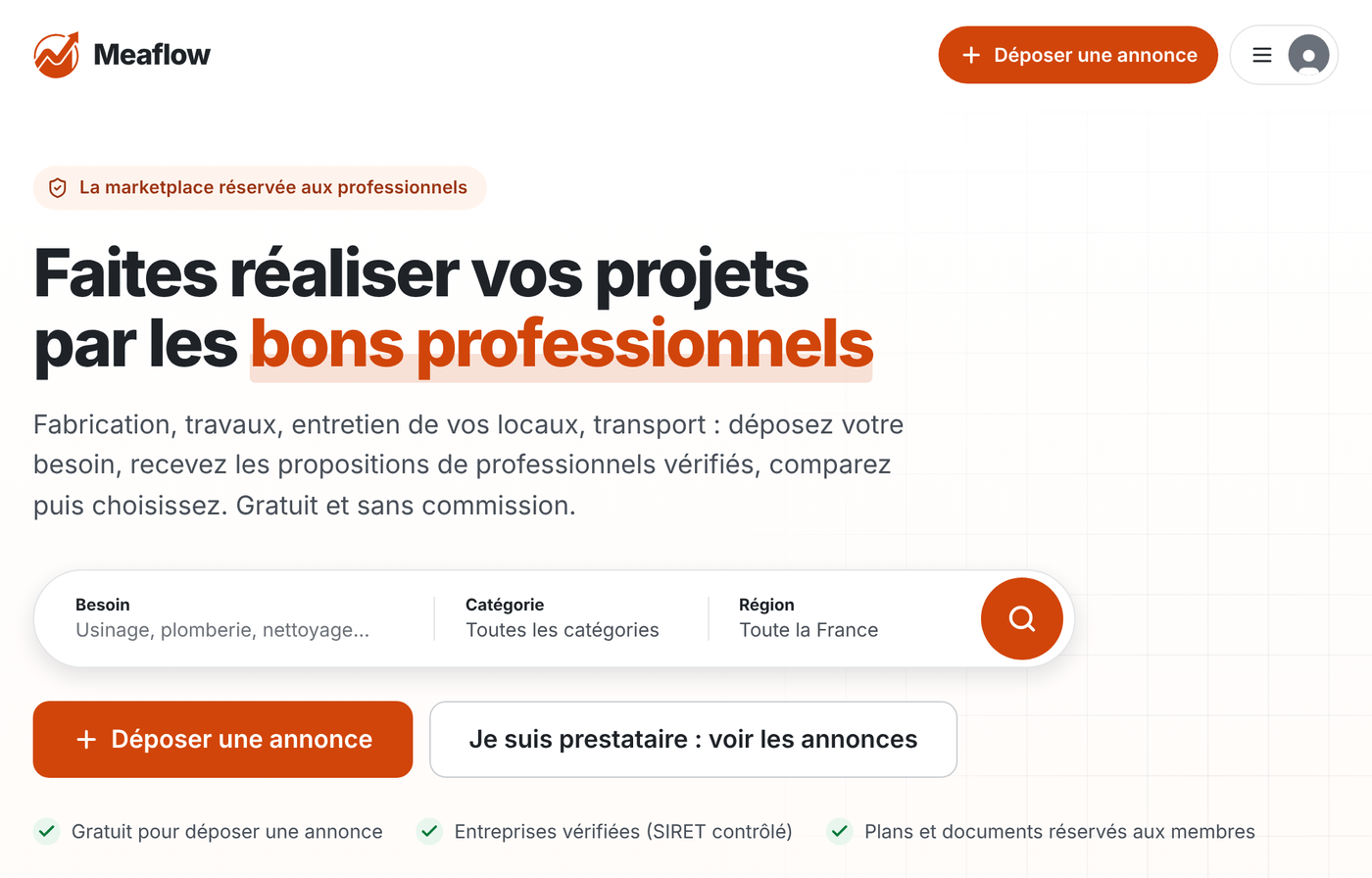 Capture de la page d’accueil de Meaflow : titre « Faites réaliser vos projets par les bons professionnels », formulaire de recherche vide et boutons Déposer une annonce et Je suis prestataire.