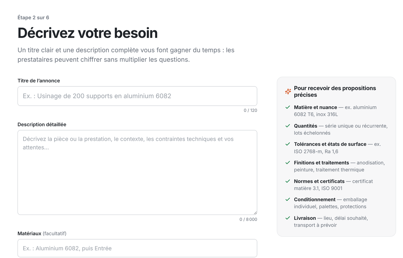 Capture de l’étape 2 sur 6 du formulaire de dépôt d’annonce : champs titre et description vides, avec des conseils pour recevoir des propositions précises.