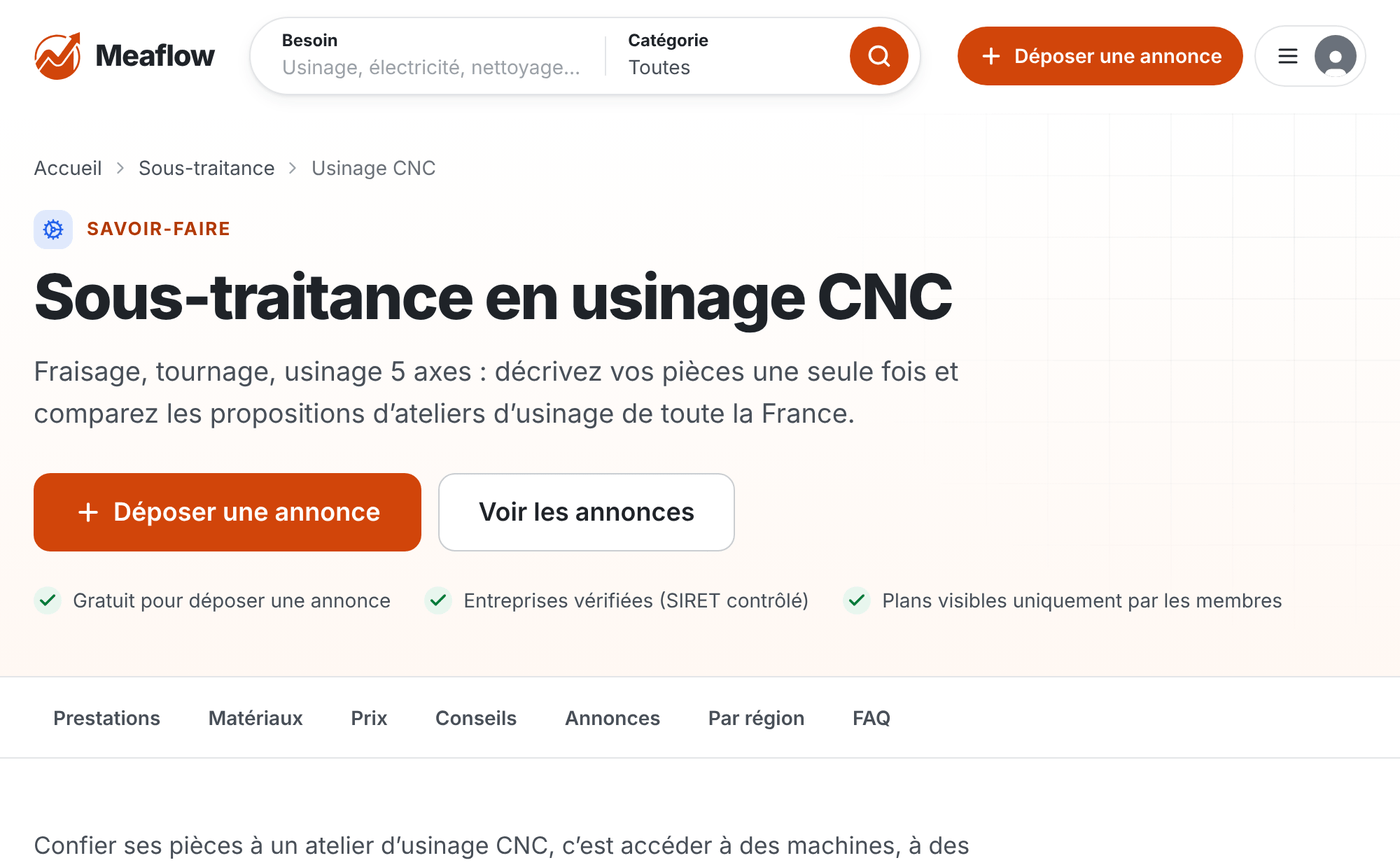 Capture de la page Sous-traitance en usinage CNC : titre, présentation, boutons Déposer une annonce et Voir les annonces, puis barre de navigation de la page.