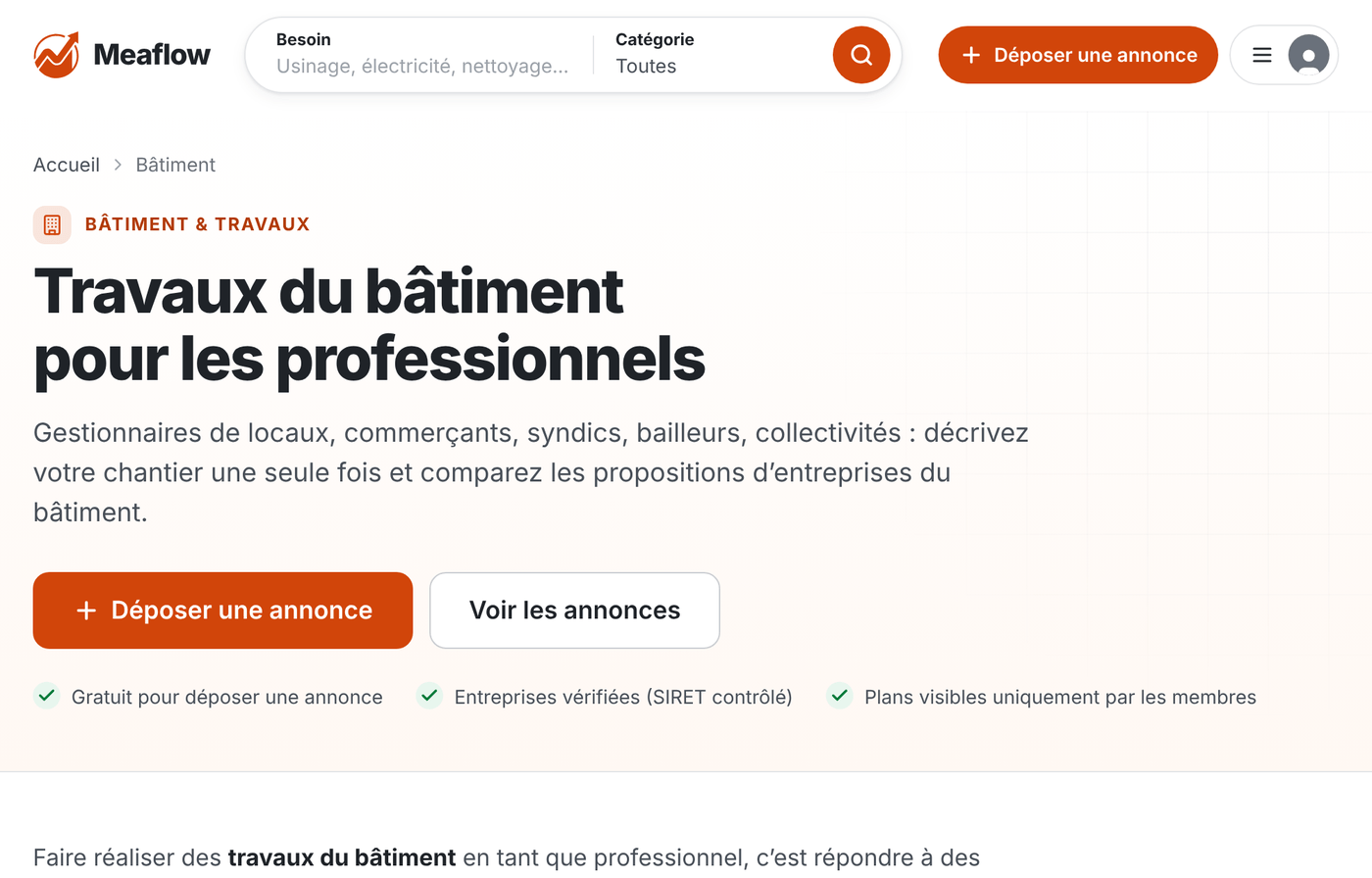 Capture de la page Travaux du bâtiment pour les professionnels : titre, présentation, boutons Déposer une annonce et Voir les annonces.